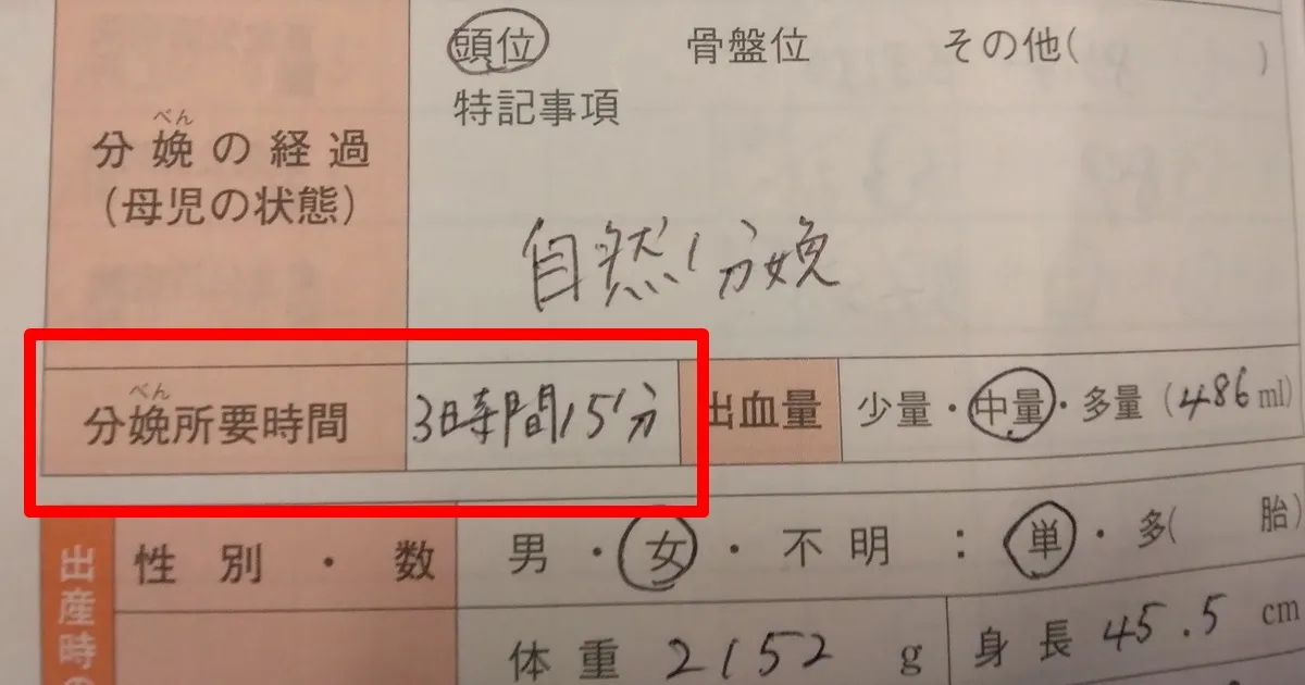 母子手帳に記載されている分娩所要時間「3時間15分」